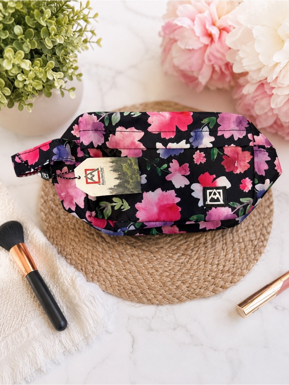 Avalanche Black and Pink Floral Cosmetic Bag